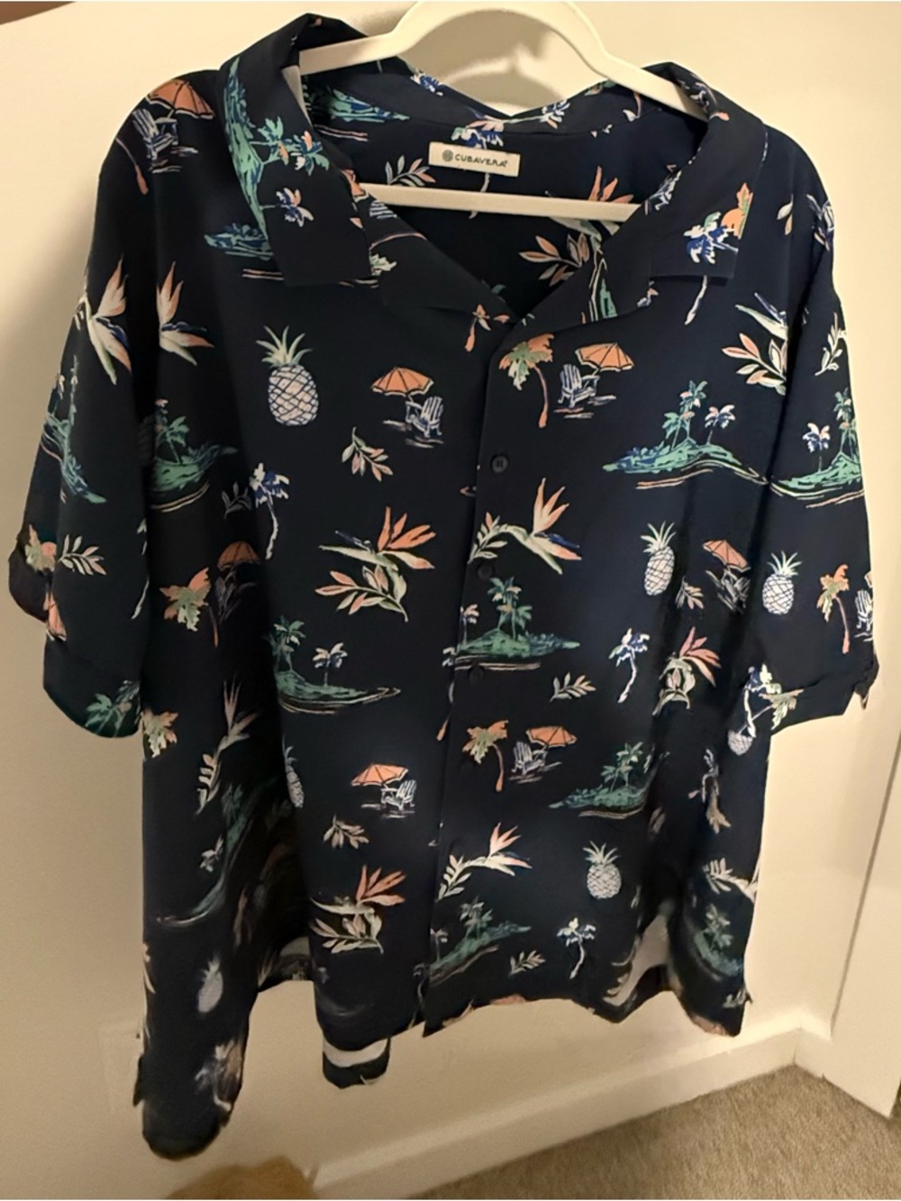 Cubavera Navy Floral Print Shirt with Blue and Green Accents